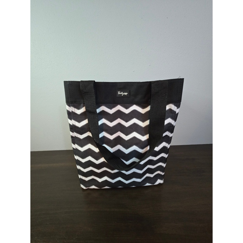 Thirty-One Black White Chevron Tote Bag Shoulder Carryall Reusable Market Bag